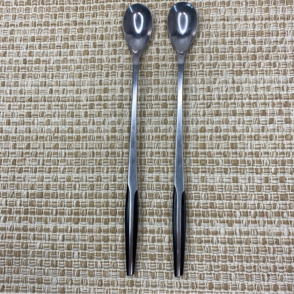 VTG ELDAN ELD2 STAINLESS ICE TEA SPOONS BLACK HANDLE JAPAN FLATWARE SET 2 8 1/4"